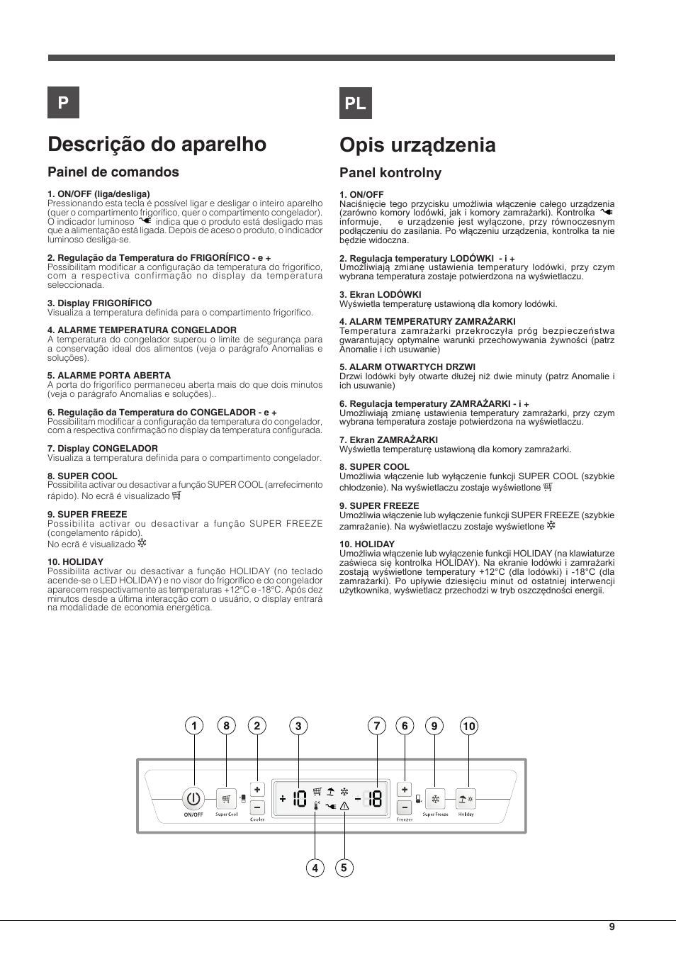 Descrição do aparelho, Opis urządzenia, Painel de comandos | Panel kontrolny | Hotpoint Ariston BCB 3xx AA F xx User Manual | Page 9 / 56