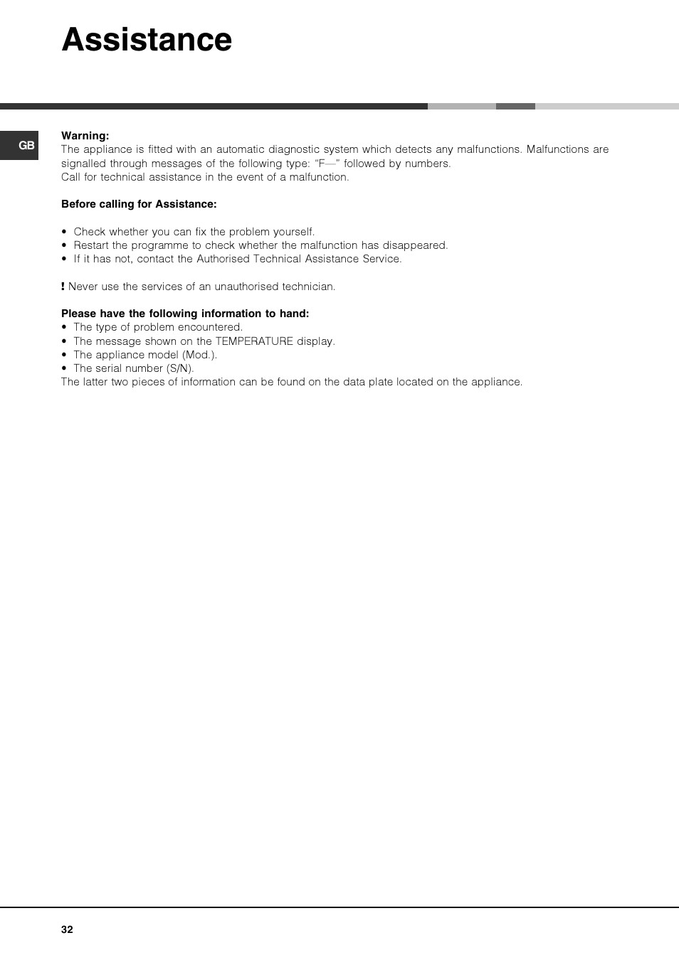 Assistance | Hotpoint Ariston FK 1039EL P.20 X-HA User Manual | Page 32 / 80