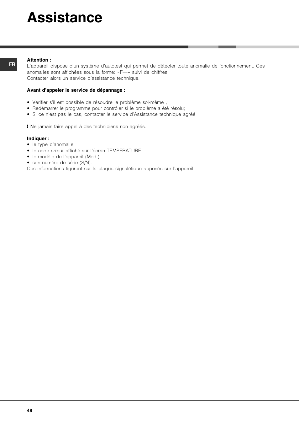 Assistance | Hotpoint Ariston FK 1039EL P.20 X-HA User Manual | Page 48 / 80