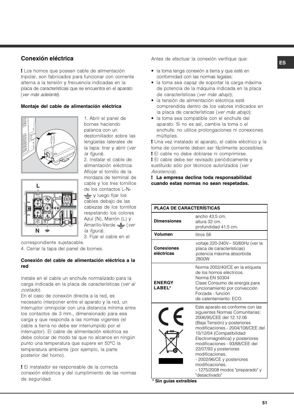 Conexión eléctrica | Hotpoint Ariston FK 1039EL P.20 X-HA User Manual | Page 51 / 80