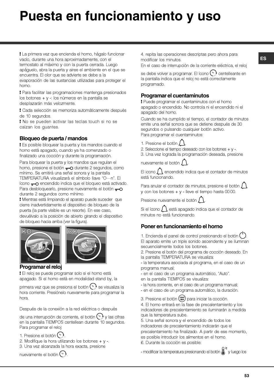 Puesta en funcionamiento y uso, Ko ok ok | Hotpoint Ariston FK 1039EL P.20 X-HA User Manual | Page 53 / 80