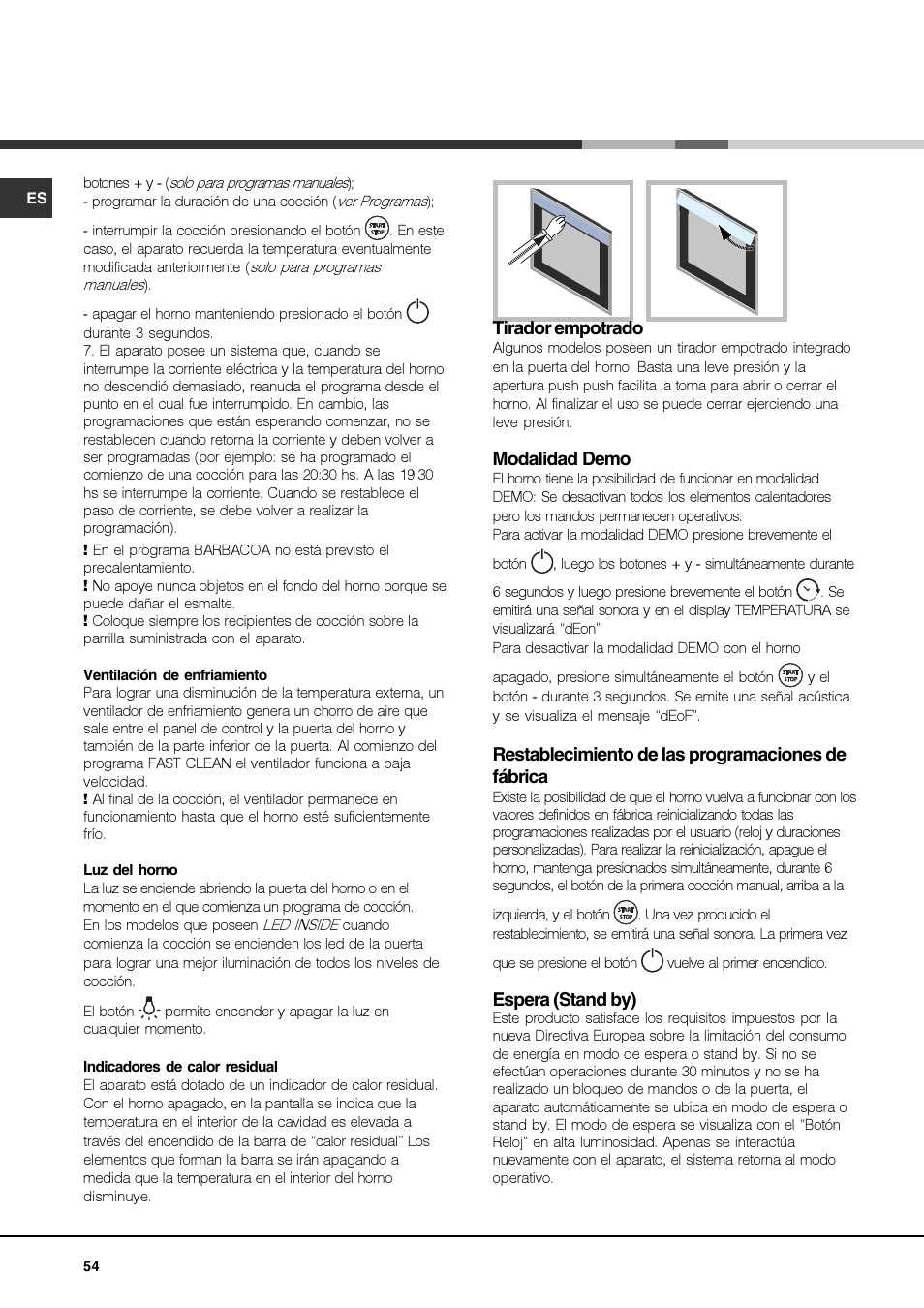 Tirador empotrado, Modalidad demo, Restablecimiento de las programaciones de fábrica | Espera (stand by) | Hotpoint Ariston FK 1039EL P.20 X-HA User Manual | Page 54 / 80