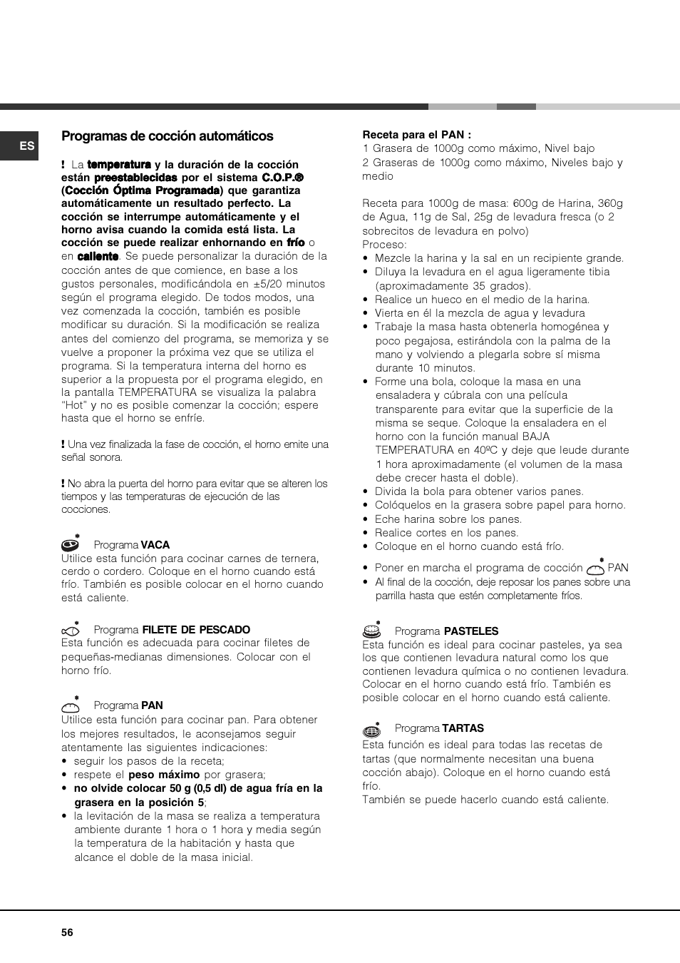Programas de cocción automáticos | Hotpoint Ariston FK 1039EL P.20 X-HA User Manual | Page 56 / 80