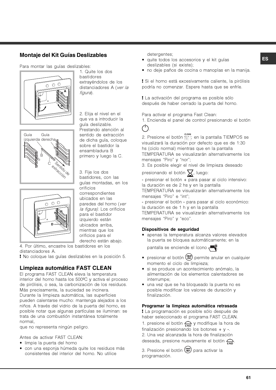 Montaje del kit guías deslizables, Limpieza automática fast clean | Hotpoint Ariston FK 1039EL P.20 X-HA User Manual | Page 61 / 80