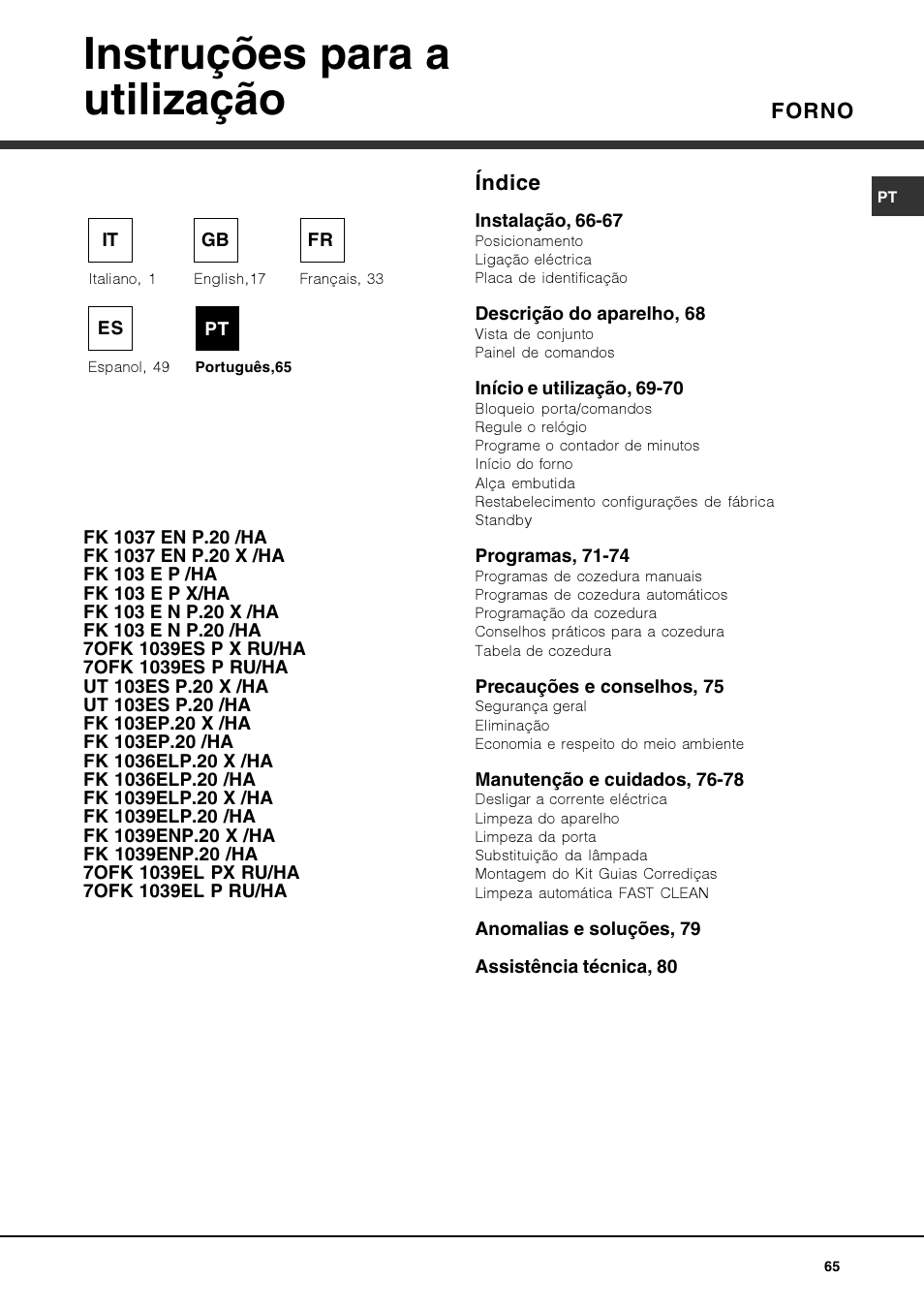 Instruções para a utilização, Forno, Índice | Hotpoint Ariston FK 1039EL P.20 X-HA User Manual | Page 65 / 80