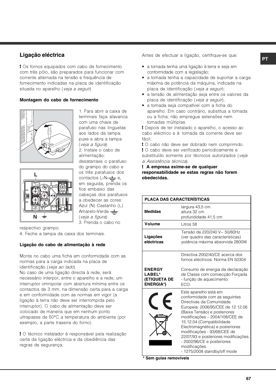 Ligação eléctrica | Hotpoint Ariston FK 1039EL P.20 X-HA User Manual | Page 67 / 80