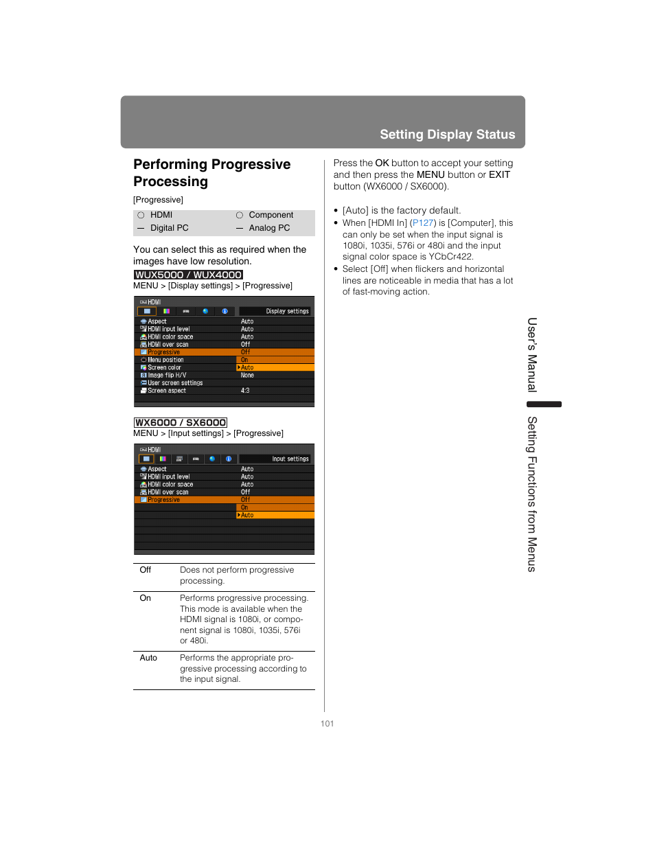 Performing progressive processing, Setting display status | Canon XEED SX6000 User Manual | Page 101 / 240