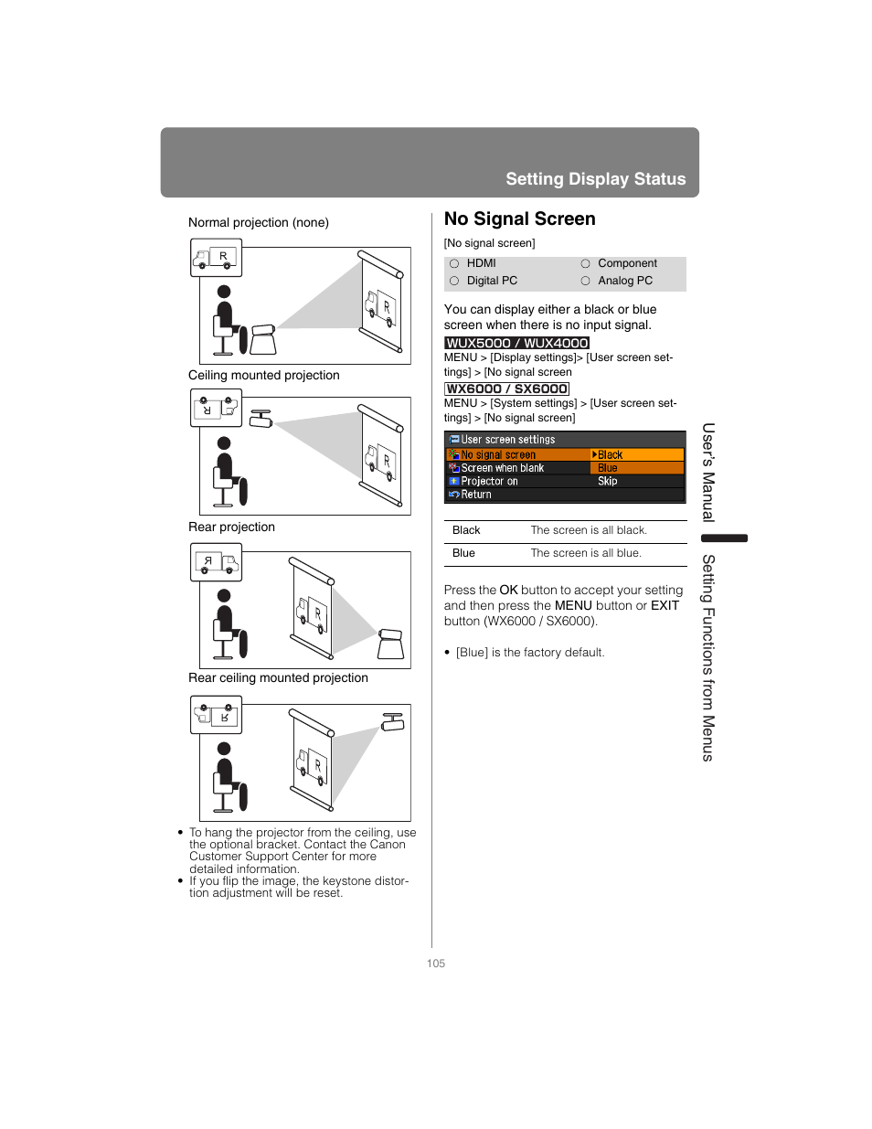 No signal screen, Setting display status | Canon XEED SX6000 User Manual | Page 105 / 240