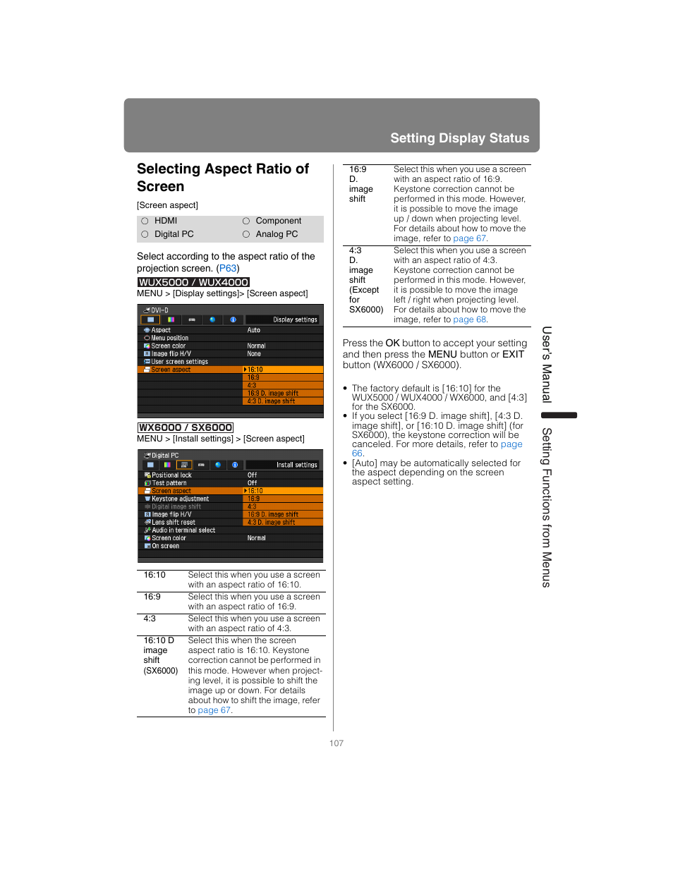 Selecting aspect ratio of screen, Setting display status, User’s manual settin g functions from menus | Canon XEED SX6000 User Manual | Page 107 / 240