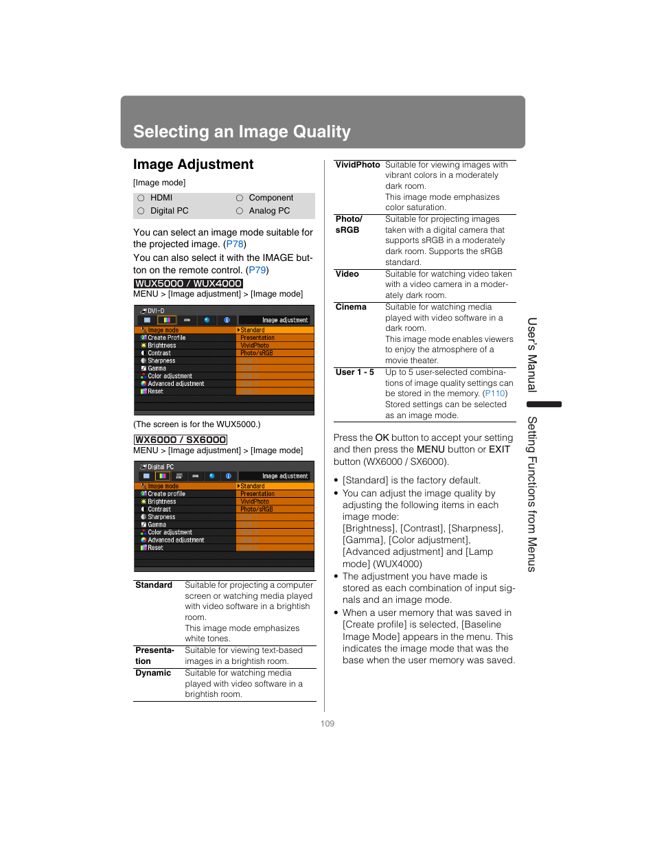 Selecting an image quality, Image adjustment, P109 | User’s manual settin g functions from menus | Canon XEED SX6000 User Manual | Page 109 / 240