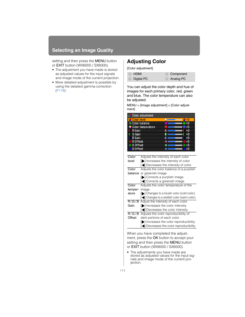 Adjusting color, P114, Selecting an image quality | Canon XEED SX6000 User Manual | Page 114 / 240