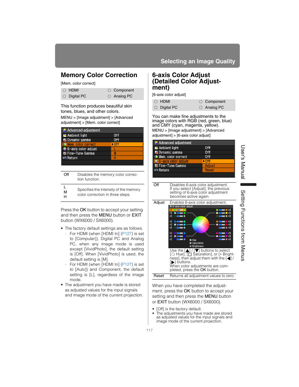Memory color correction, Axis color adjust (detailed color adjustment), Axis color adjust (detailed color adjust- ment) | Selecting an image quality, User’s manual settin g functions from menus | Canon XEED SX6000 User Manual | Page 117 / 240