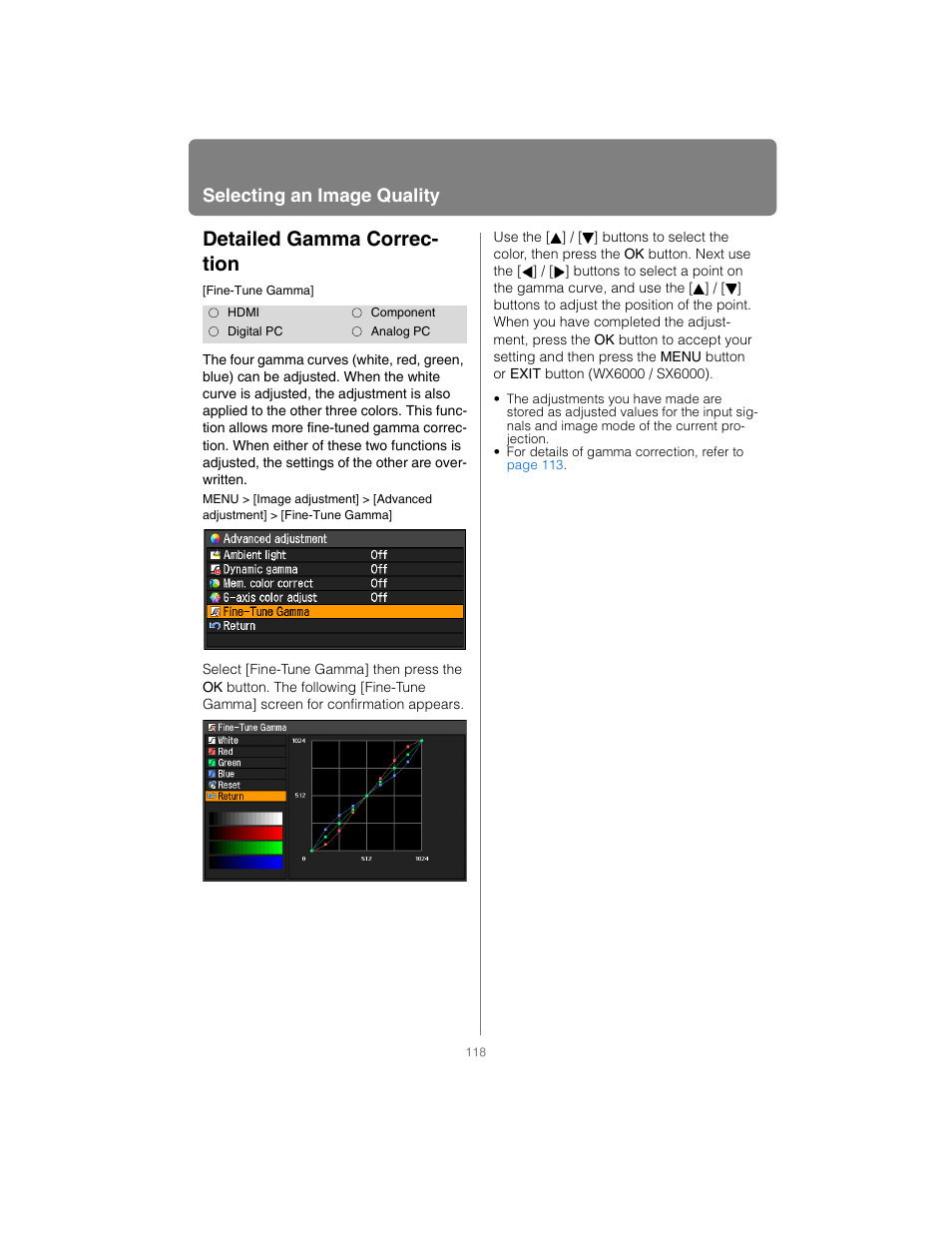 Detailed gamma correction, Detailed gamma correc- tion, Selecting an image quality | Canon XEED SX6000 User Manual | Page 118 / 240