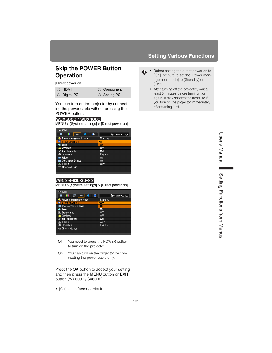 Skip the power button operation, P121, Setting various functions | Canon XEED SX6000 User Manual | Page 121 / 240