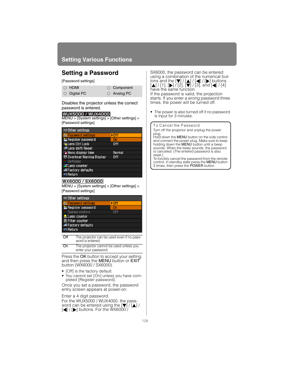 Setting a password, P128, Setting various functions | Canon XEED SX6000 User Manual | Page 128 / 240