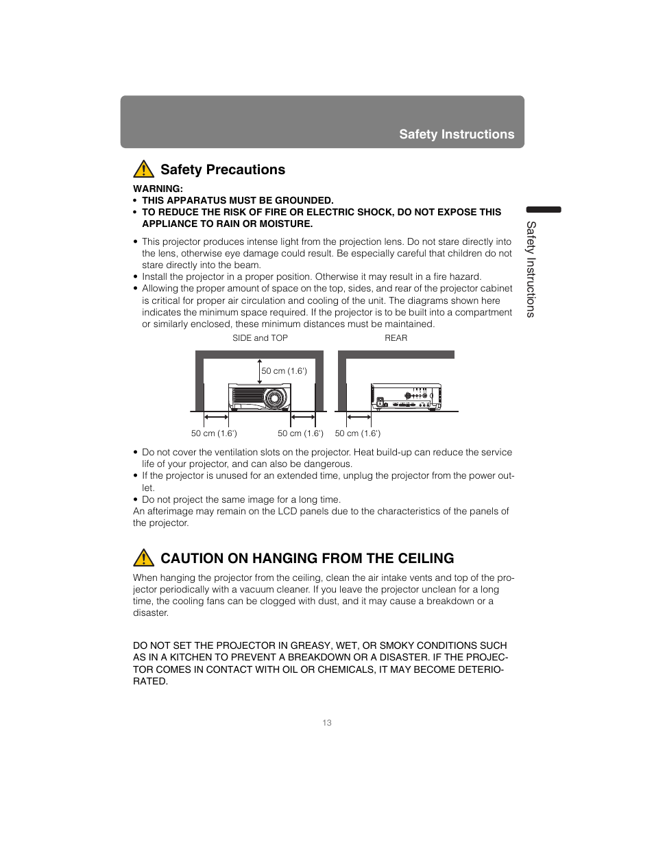 Safety precautions, Caution on hanging from the ceiling, Safety instructions | Canon XEED SX6000 User Manual | Page 13 / 240