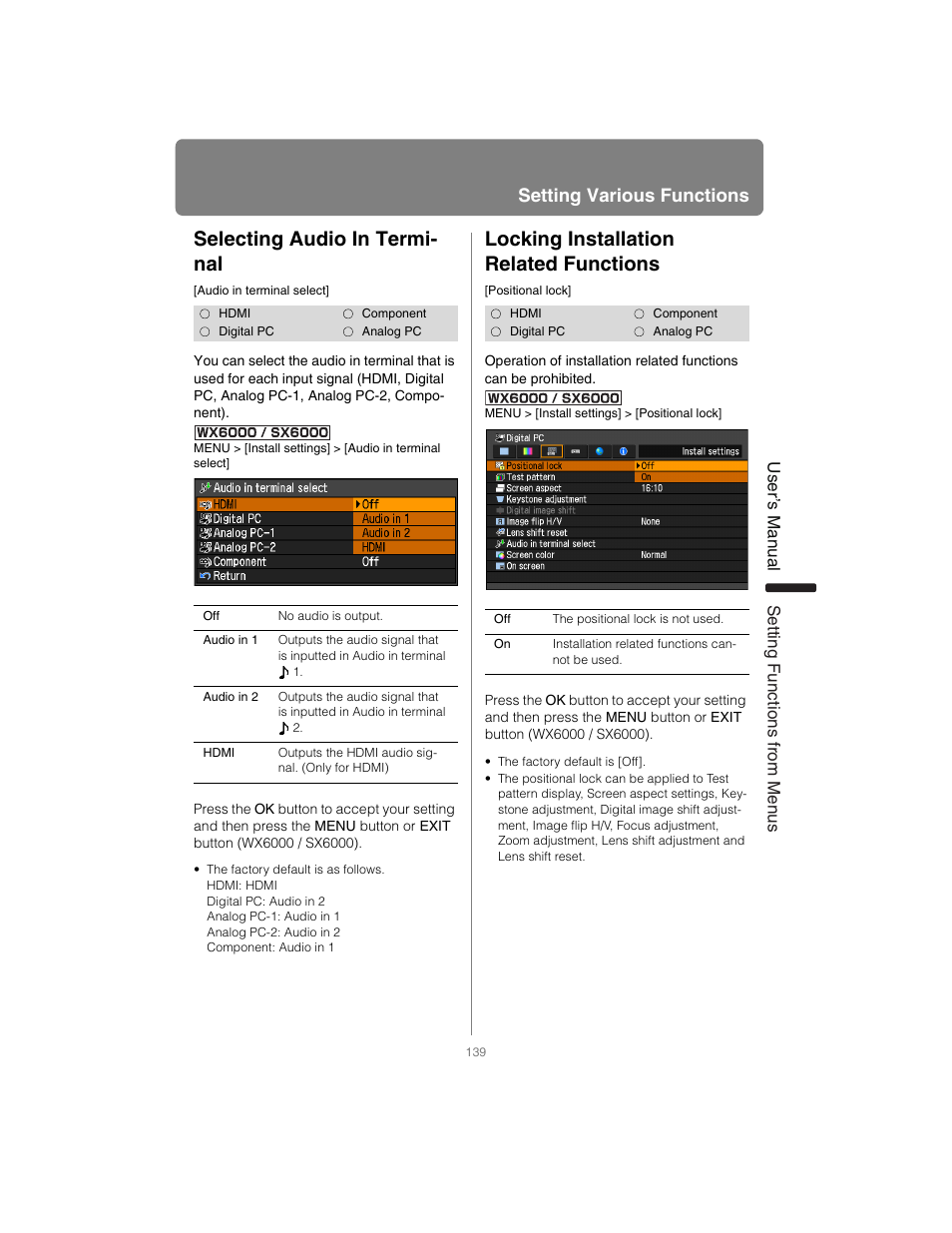 Selecting audio in terminal, Locking installation related functions, P139 | Selecting audio in termi- nal, Setting various functions, User’s manual settin g functions from menus | Canon XEED SX6000 User Manual | Page 139 / 240