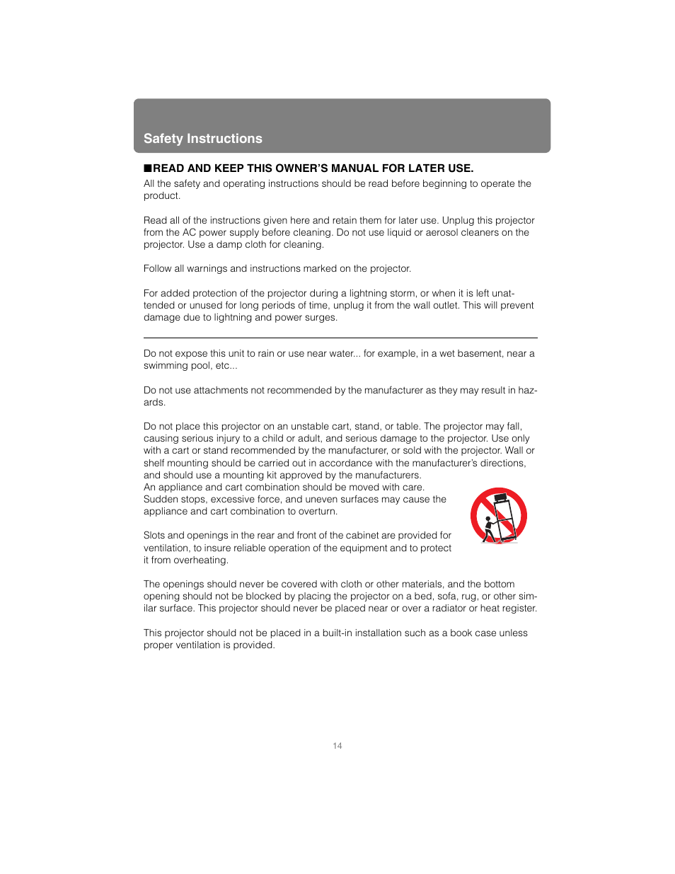 Read and keep this owner’s manual for later use, Safety instructions | Canon XEED SX6000 User Manual | Page 14 / 240