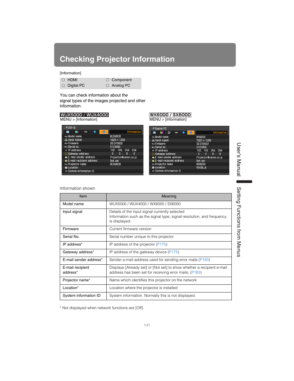 Checking projector information, User’s manual settin g functions from menus | Canon XEED SX6000 User Manual | Page 141 / 240