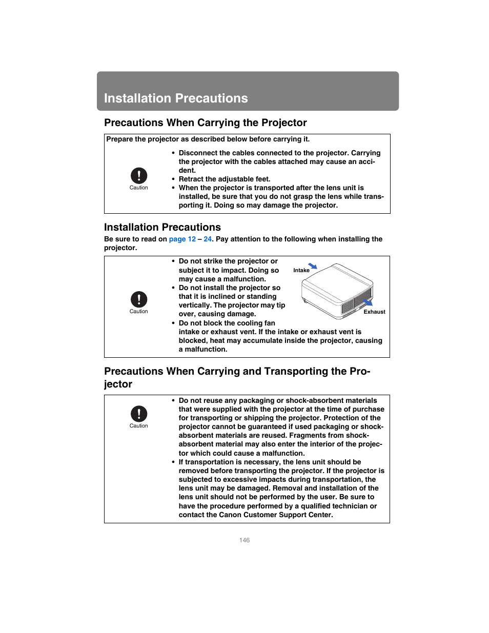 Installation precautions, Precautions when carrying the projector | Canon XEED SX6000 User Manual | Page 146 / 240