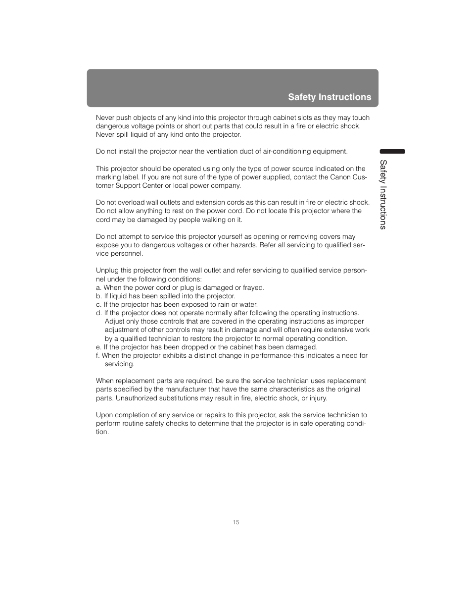 Safety instructions | Canon XEED SX6000 User Manual | Page 15 / 240
