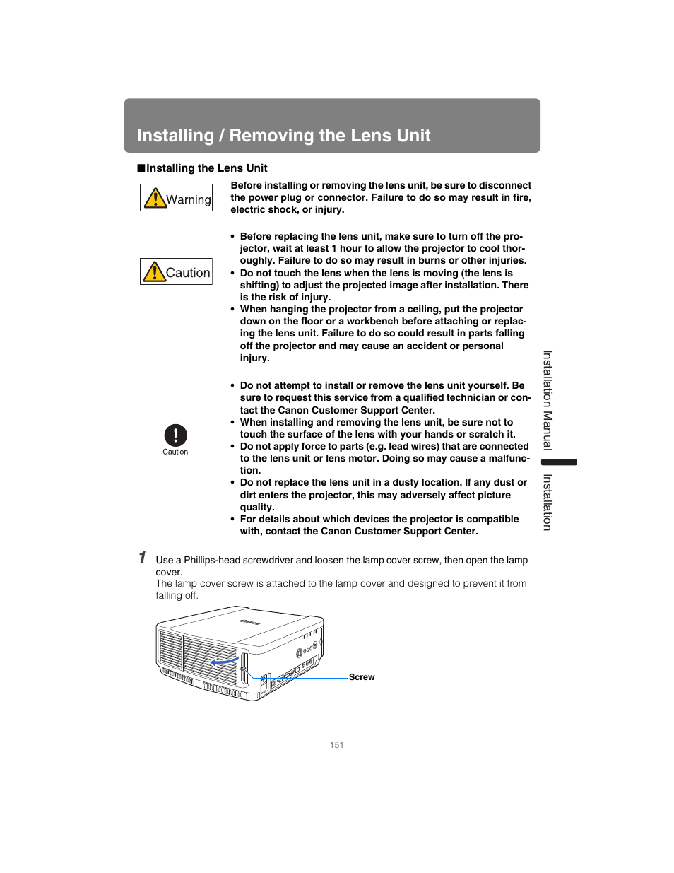 Installing / removing the lens unit, Installing the lens unit, S unit | P151 | Canon XEED SX6000 User Manual | Page 151 / 240