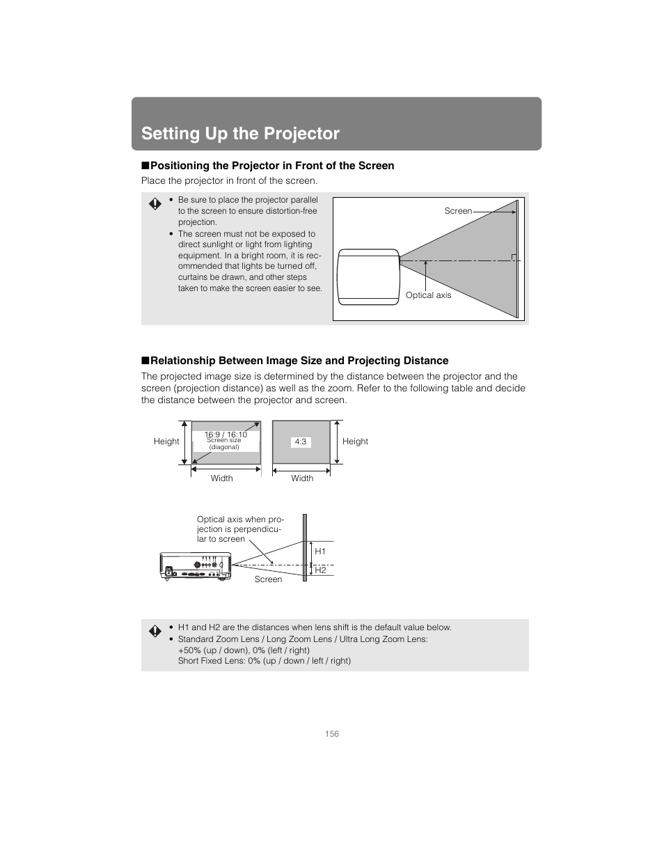 Setting up the projector, Positioning the projector in front of the screen, P156 | R to | Canon XEED SX6000 User Manual | Page 156 / 240