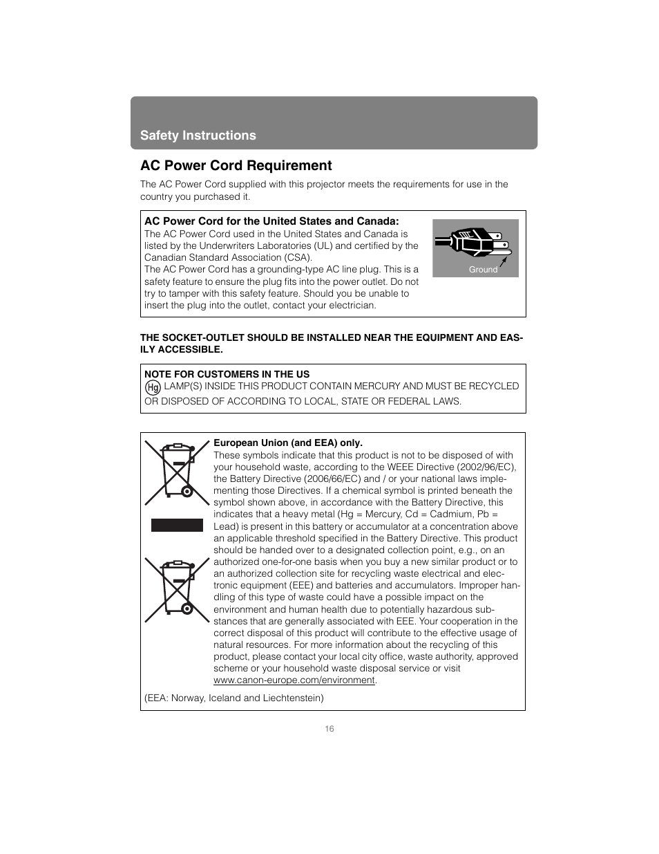 Ac power cord requirement, Safety instructions | Canon XEED SX6000 User Manual | Page 16 / 240