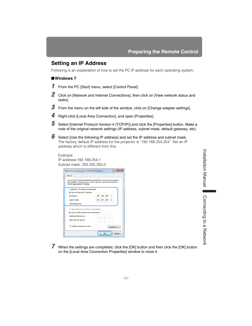 Setting an ip address, Windows 7 | Canon XEED SX6000 User Manual | Page 167 / 240