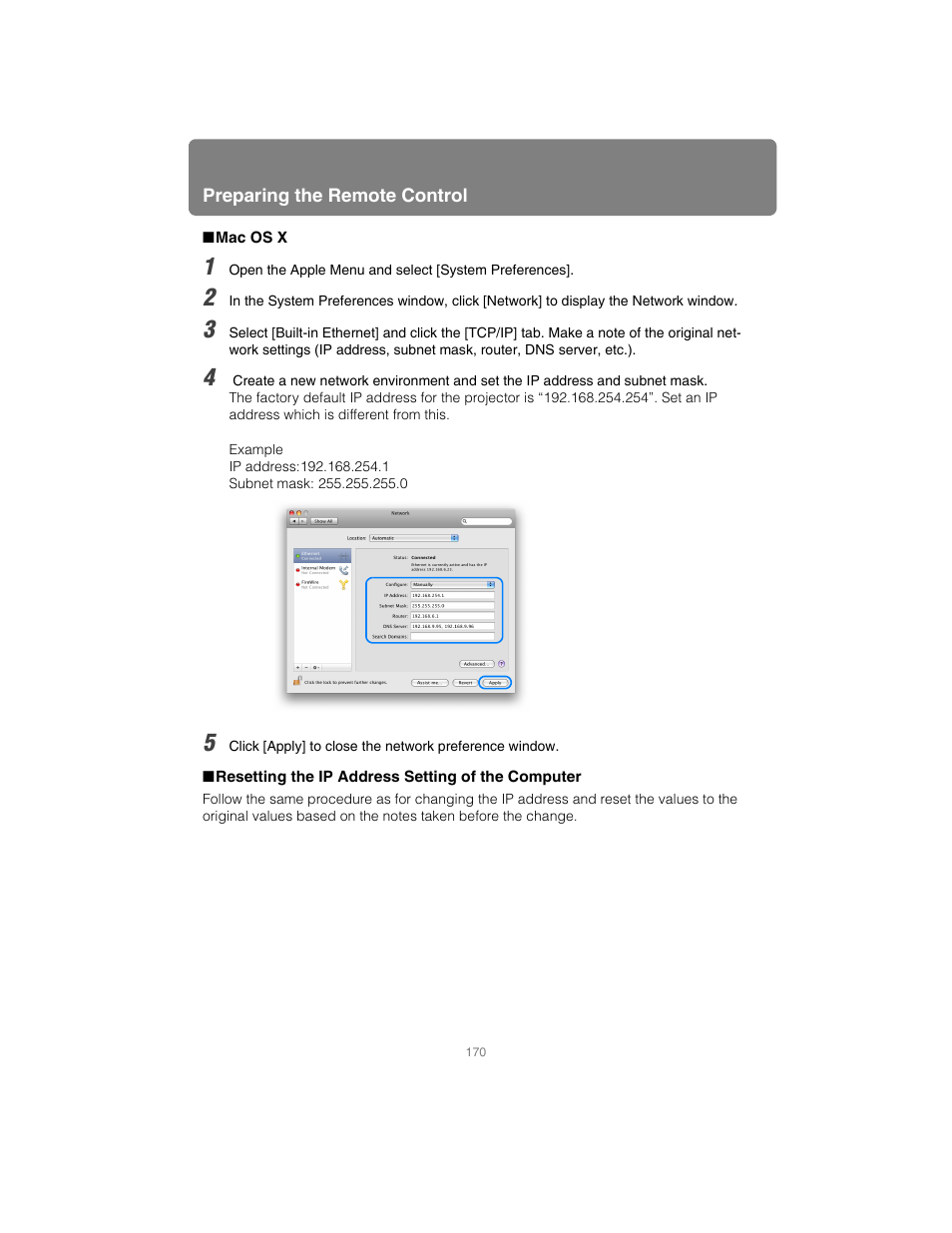 Mac os x, Resetting the ip address setting of the computer | Canon XEED SX6000 User Manual | Page 170 / 240