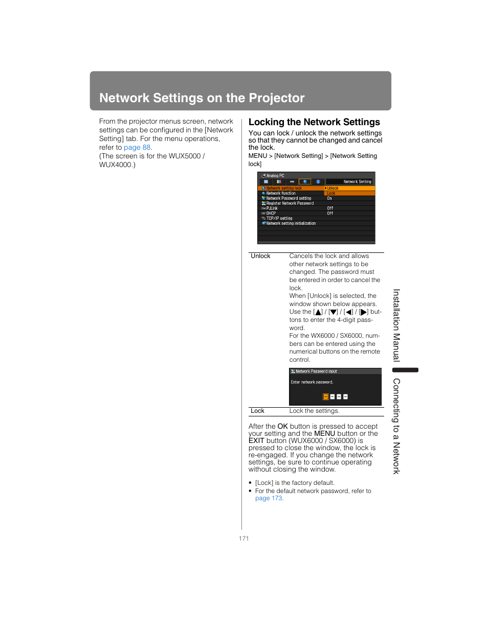 Network settings on the projector, Locking the network settings | Canon XEED SX6000 User Manual | Page 171 / 240