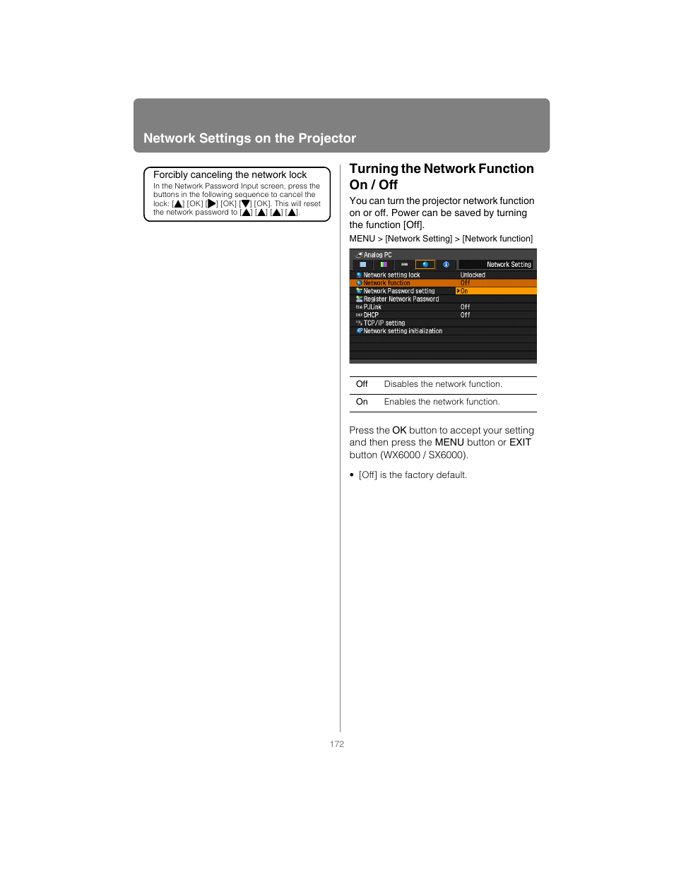 Turning the network function on / off, P172, Network settings on the projector | Canon XEED SX6000 User Manual | Page 172 / 240