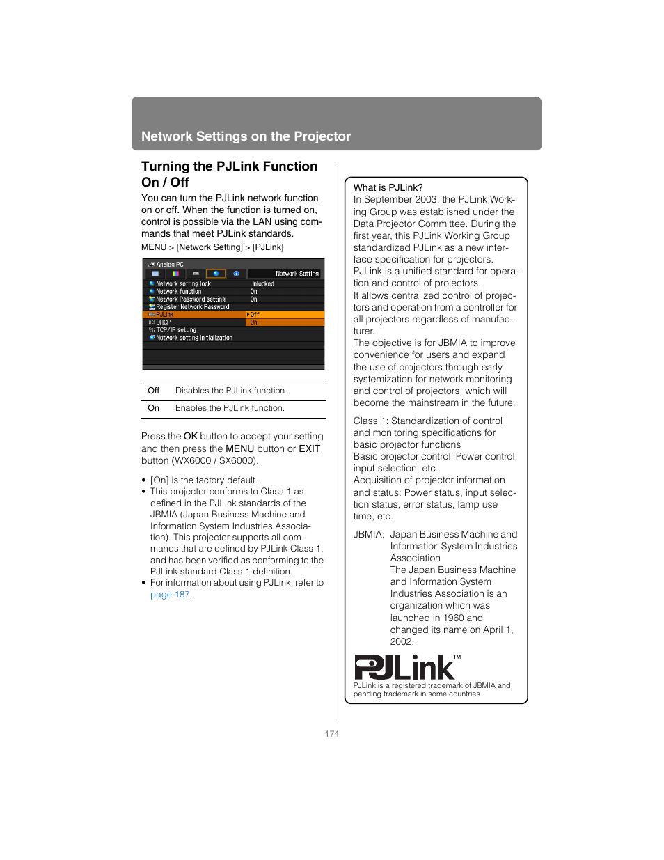 Turning the pjlink function on / off, Network settings on the projector | Canon XEED SX6000 User Manual | Page 174 / 240
