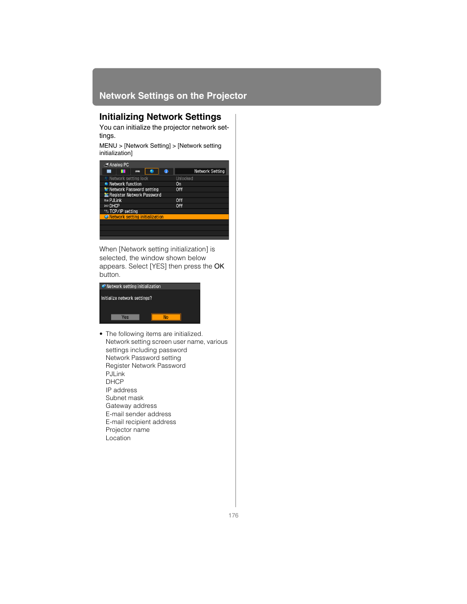 Initializing network settings, P176, Network settings on the projector | Canon XEED SX6000 User Manual | Page 176 / 240