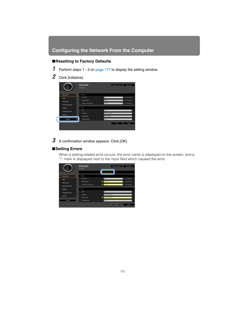Resetting to factory defaults, Setting errors | Canon XEED SX6000 User Manual | Page 180 / 240