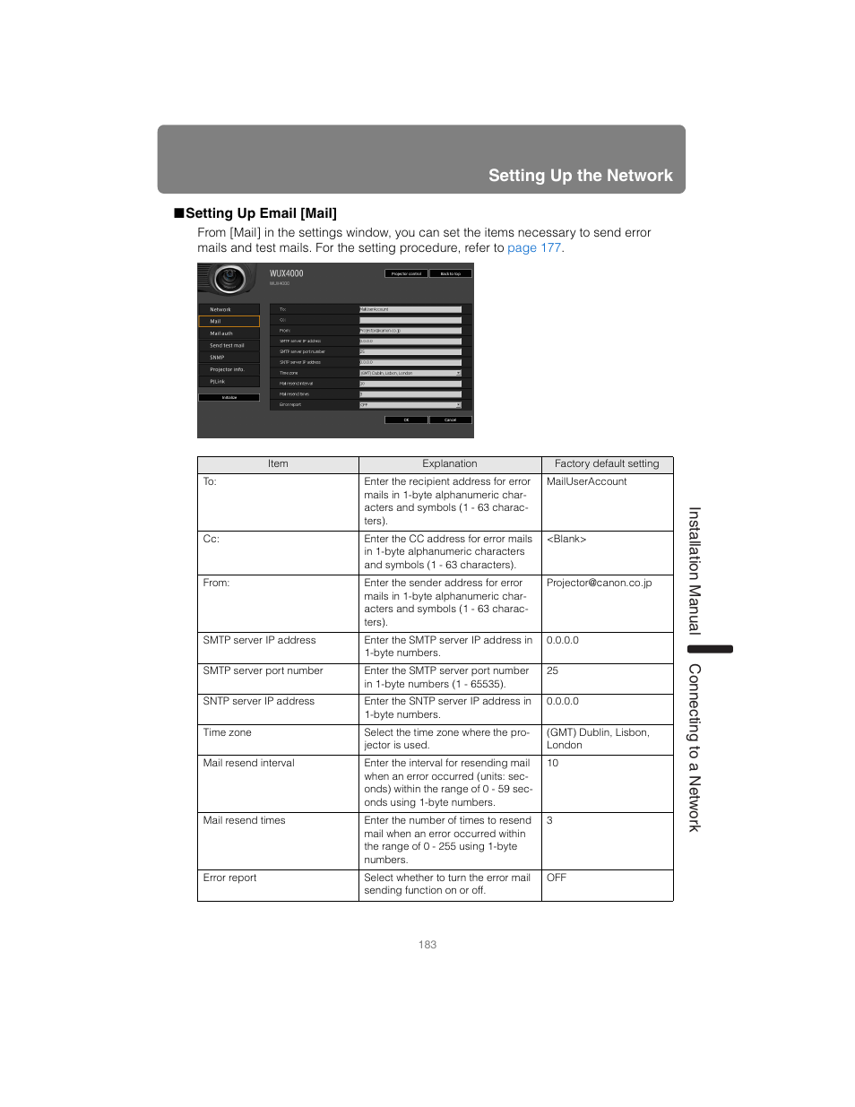 Setting up email [mail, P183, Setting up the network | Installation manual connecting to a networ k | Canon XEED SX6000 User Manual | Page 183 / 240