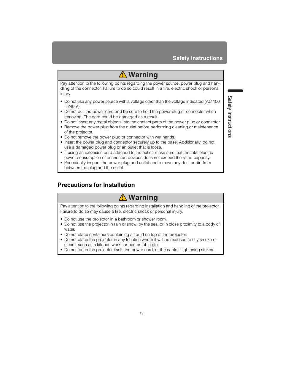 Precautions for installation, Warning | Canon XEED SX6000 User Manual | Page 19 / 240
