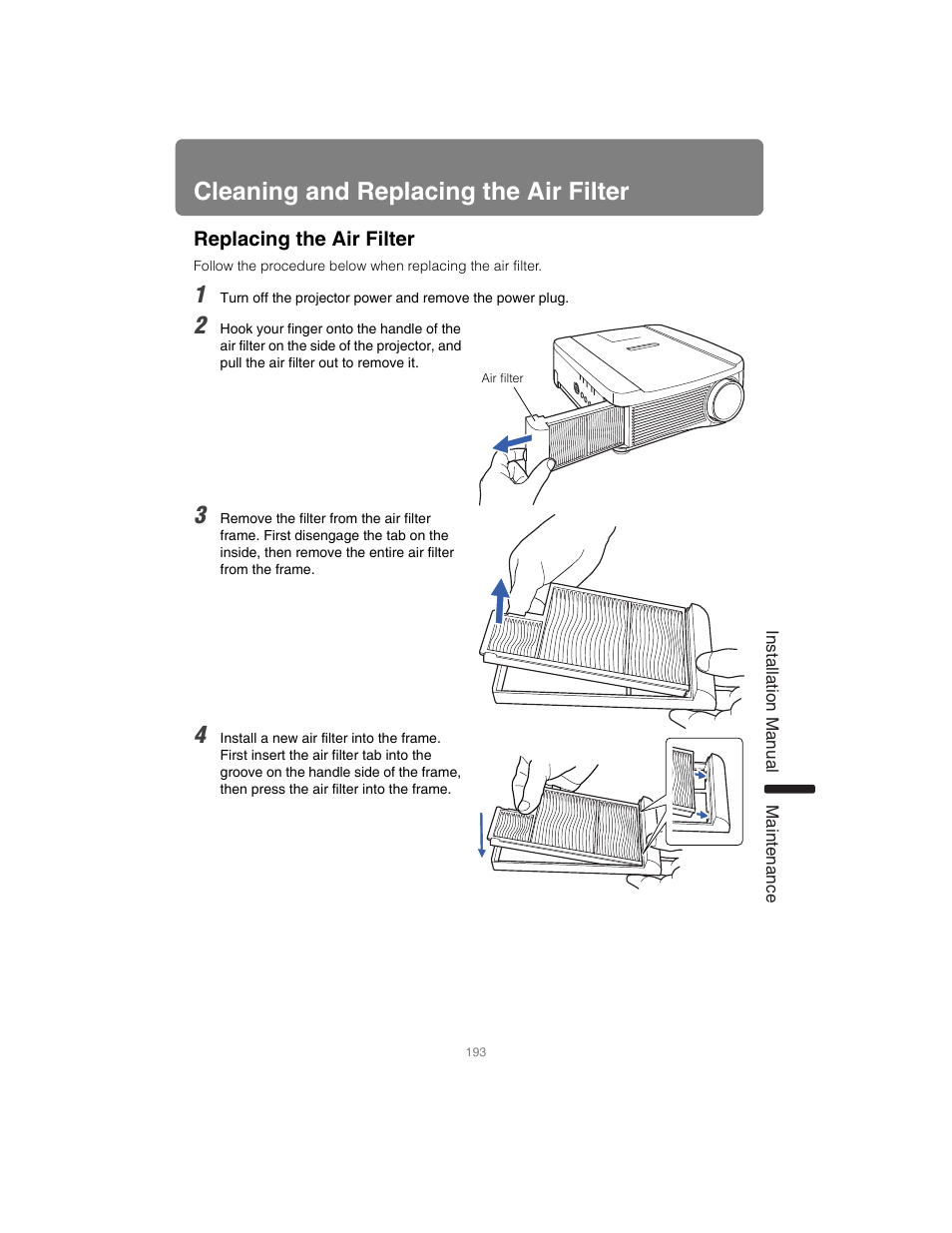 Cleaning and replacing the air filter, Replacing the air filter, P193 | Canon XEED SX6000 User Manual | Page 193 / 240