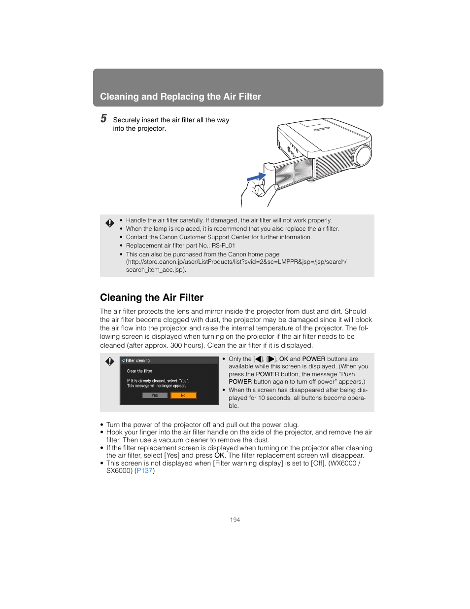 Cleaning the air filter, Cleaning and replacing the air filter | Canon XEED SX6000 User Manual | Page 194 / 240