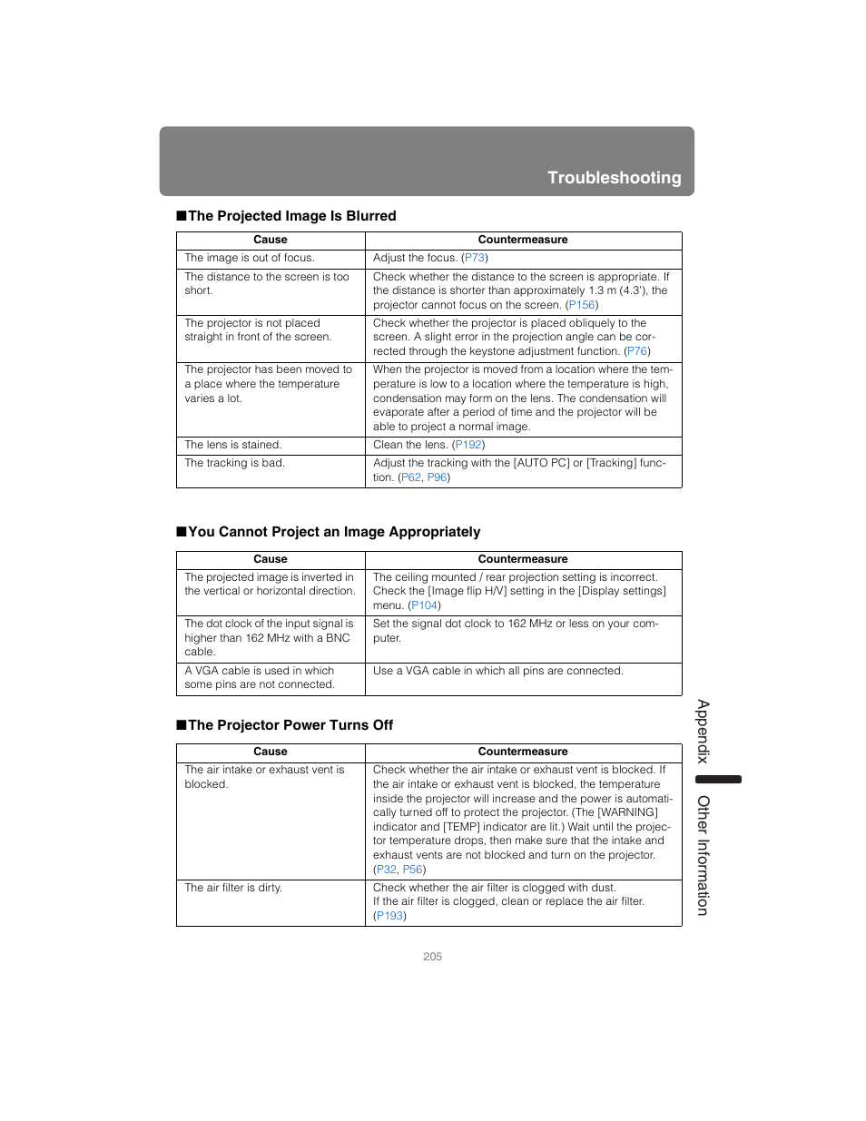 The projected image is blurred, You cannot project an image appropriately, The projector power turns off | Troubleshooting, App endix other information | Canon XEED SX6000 User Manual | Page 205 / 240