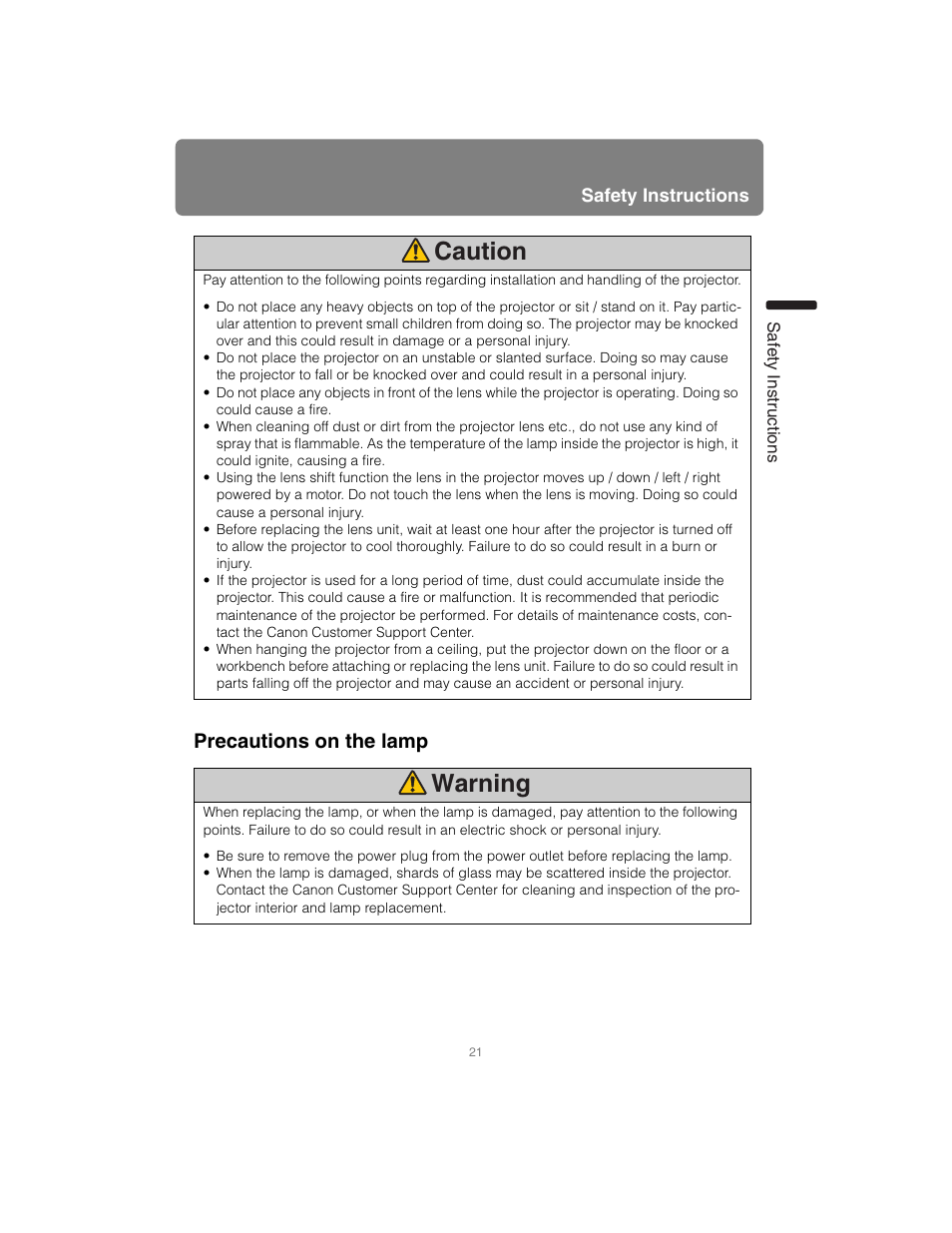 Precautions on the lamp, Caution warning | Canon XEED SX6000 User Manual | Page 21 / 240