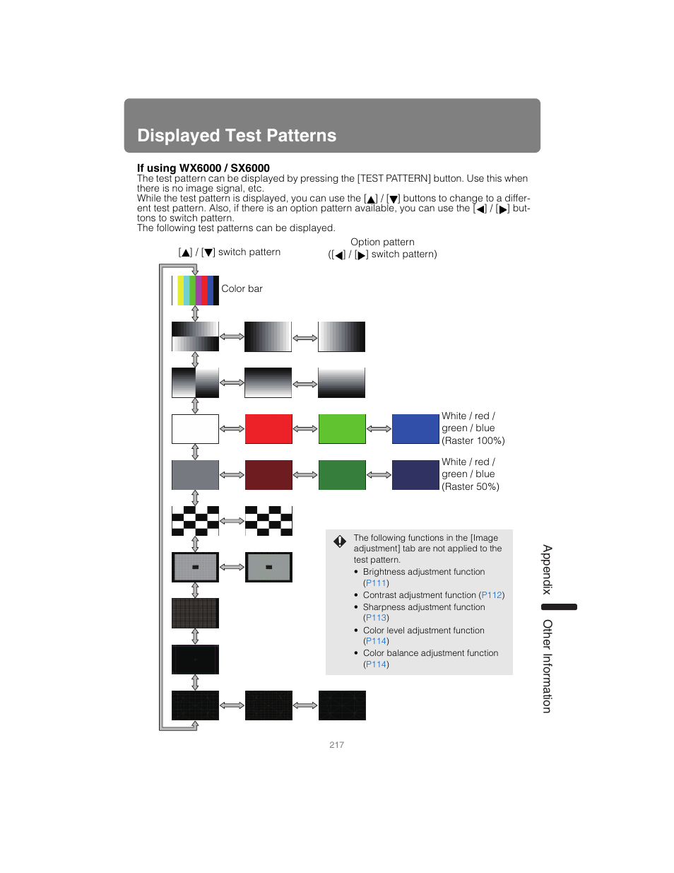 Displayed test patterns, P217, App endix other information | Canon XEED SX6000 User Manual | Page 217 / 240