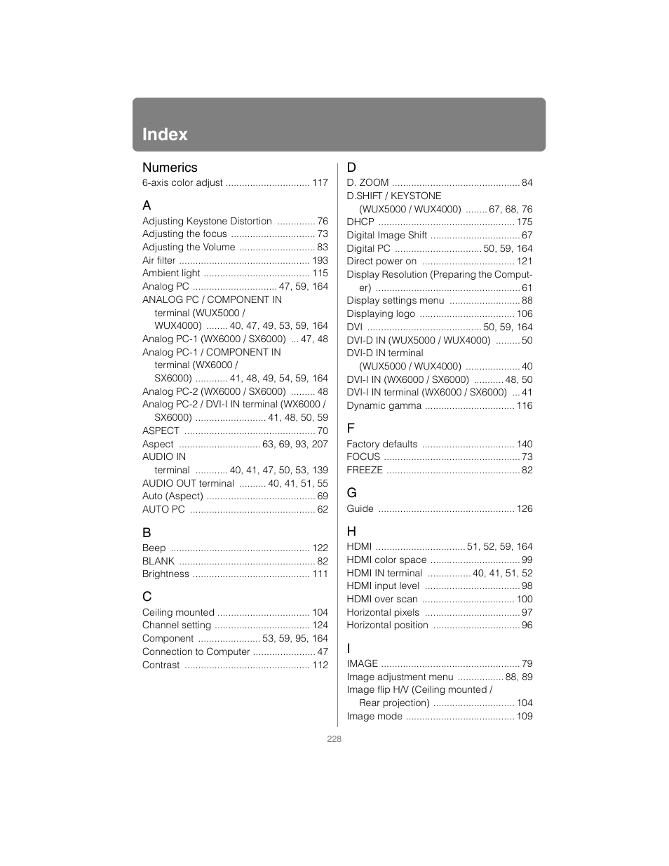 Index, Numerics | Canon XEED SX6000 User Manual | Page 228 / 240