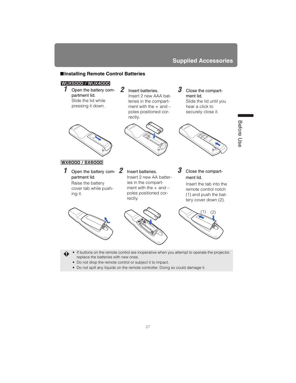 Installing remote control batteries | Canon XEED SX6000 User Manual | Page 27 / 240