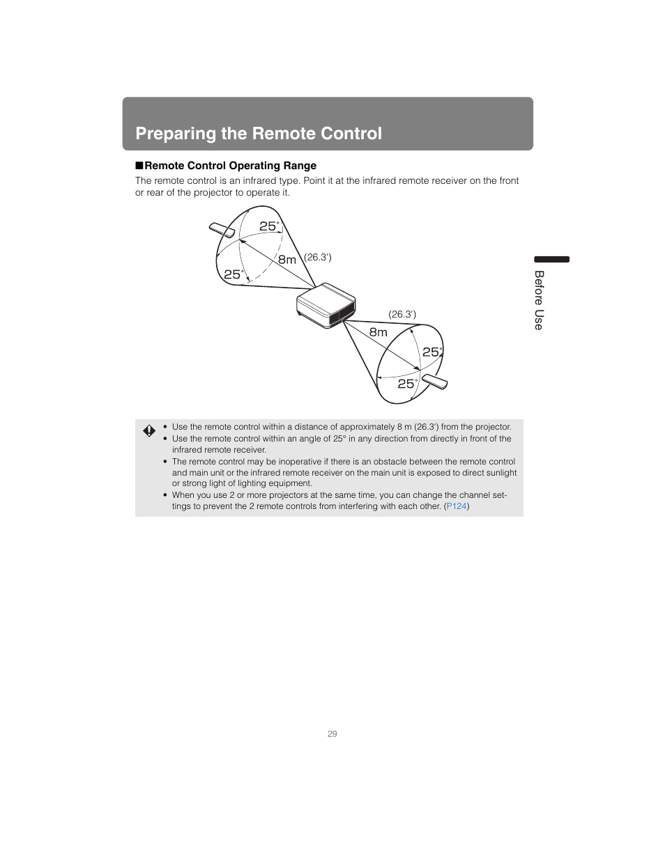 Preparing the remote control, Remote control operating range | Canon XEED SX6000 User Manual | Page 29 / 240