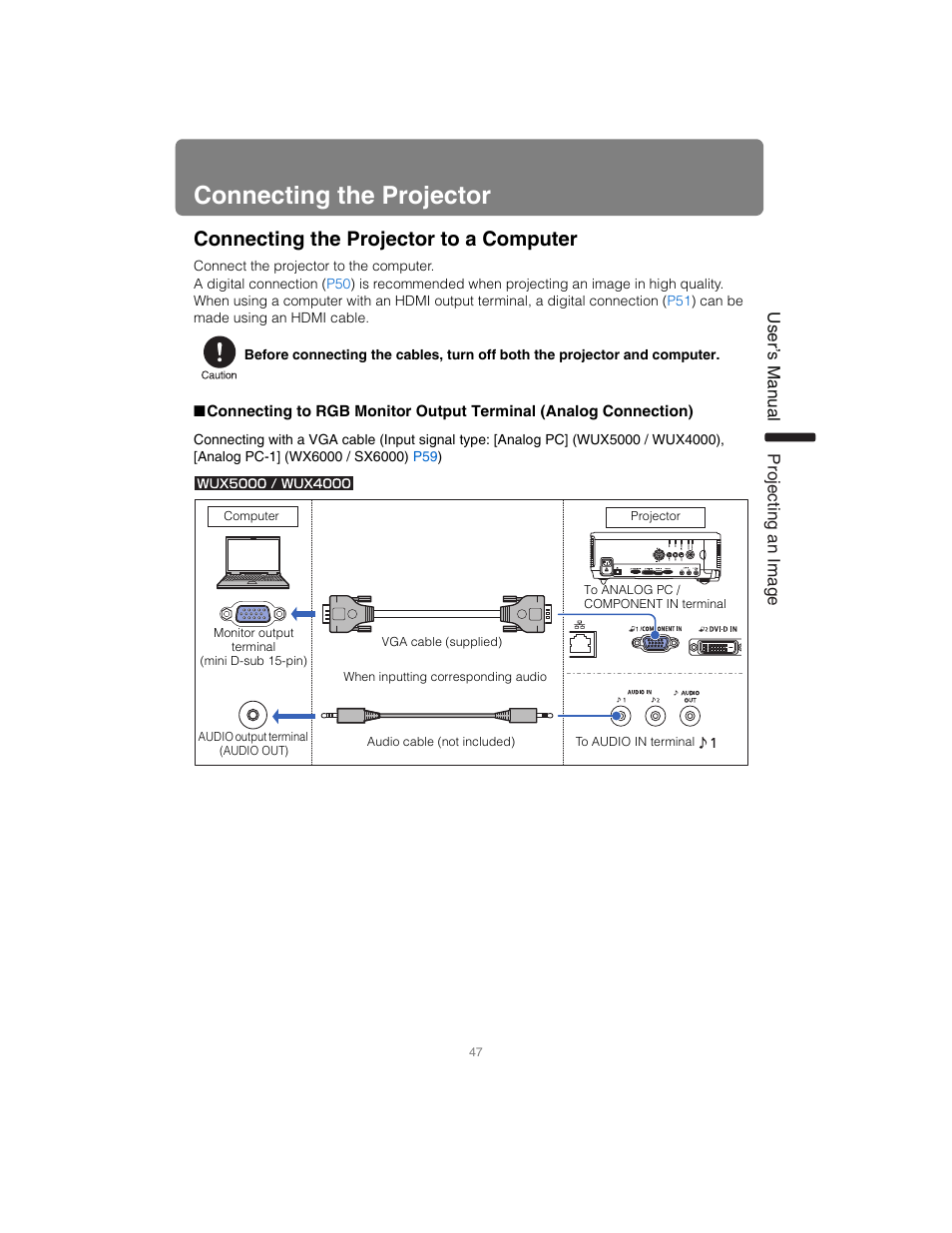 Connecting the projector, Connecting the projector to a computer | Canon XEED SX6000 User Manual | Page 47 / 240