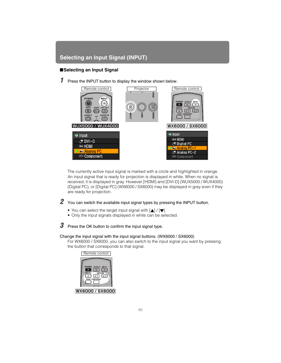 Selecting an input signal, Ut button | Canon XEED SX6000 User Manual | Page 60 / 240