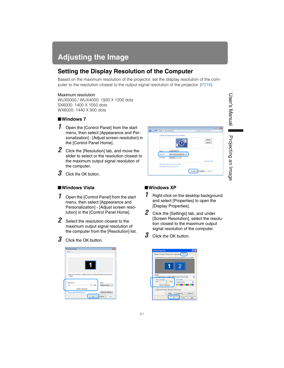 Adjusting the image, Setting the display resolution of the computer, Windows 7 | Windows vista, Windows xp | Canon XEED SX6000 User Manual | Page 61 / 240