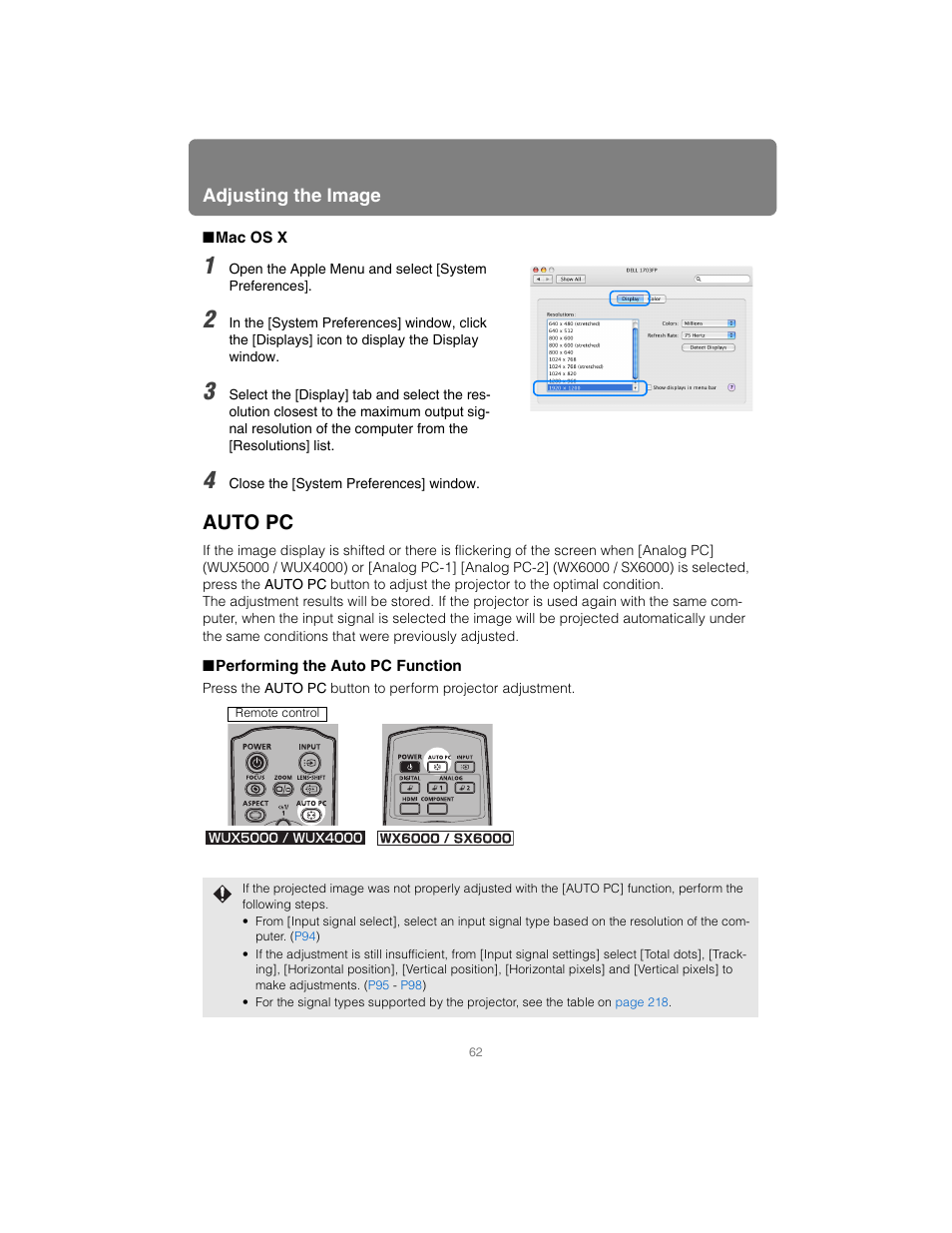 Mac os x, Auto pc, Performing the auto pc function | Using the auto pc | Canon XEED SX6000 User Manual | Page 62 / 240