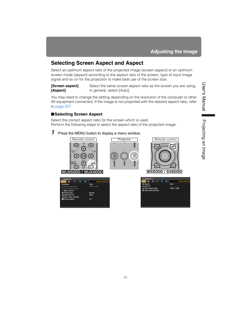 Selecting screen aspect and aspect, Selecting screen aspect | Canon XEED SX6000 User Manual | Page 63 / 240